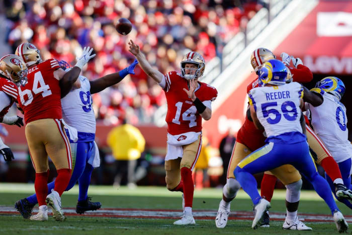 San Francisco 49ers quarterback Sam Darnold (14) throws a pass during the second quarter against the Los Angeles Rams. Mandatory Credit: Sergio Estrada-USA TODAY Sports